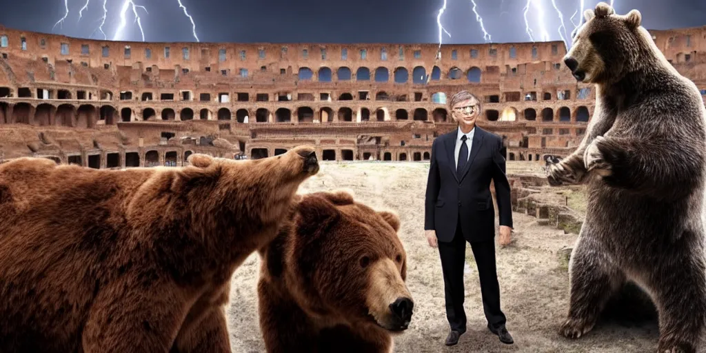 Image similar to Bill Gates dressed as a roman gladiator in front of an angry bear in the Colosseum. Film scene. Dramatic lightning. 4k.