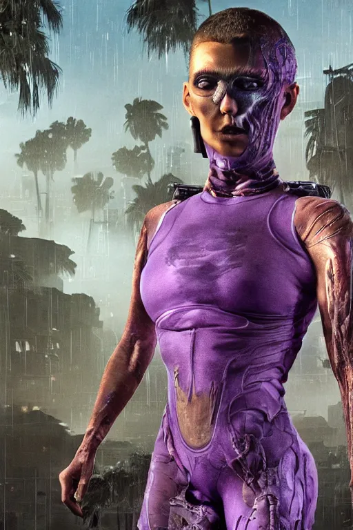 Image similar to A highly detailed, beautiful rendered, close portrait of a mutant ringer, half human, in purple spandex suit, with scars in the face, high tech equipement and armour attached to the body, in a tropical and dystopic city, in front of a garage, dried palmtrees, thick dust and red tones, bladerunner, cyberpunk, lost city, hyper-realistic environment, Epic concept art. Warhammer 40k