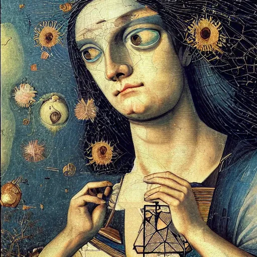 Image similar to goddess of complex mathematical equations inspired by bosch, goya, courbet. mathematical paradise, detailed beautiful animals, esoteric equation heaven, detailed beautiful plants, 3 d platonic solids, elegant intricate diagrams, beautiful equations, oil paint, pen and ink, color, hyperrealistic, on loan from louvre, masterpiece