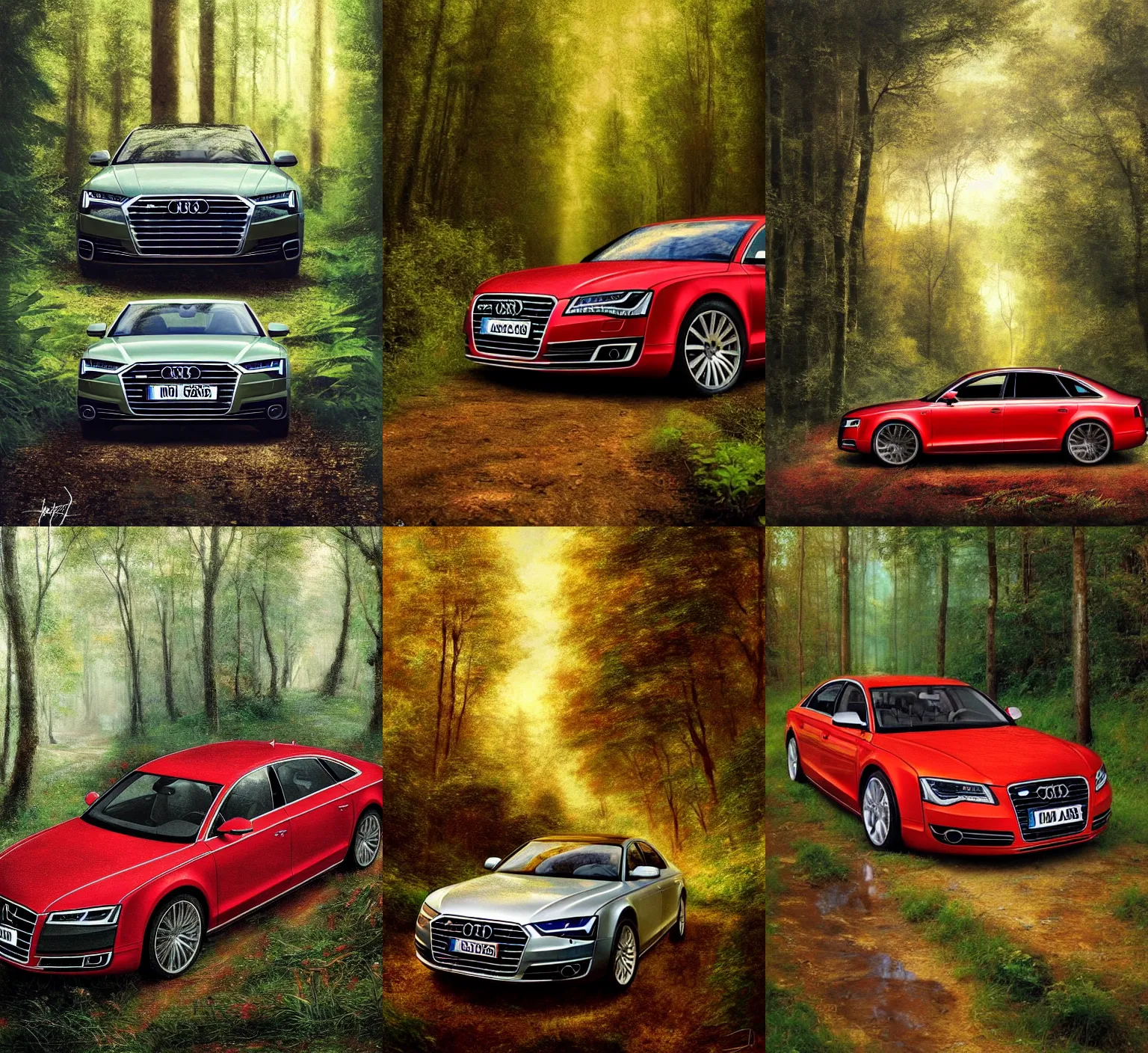 Prompt: A beautiful portrait of an Audi A80 B4, driving in a forest at daytime, digital art by Eugene de Blaas and Ross Tran, vibrant color scheme, highly detailed, in the style of romanticism