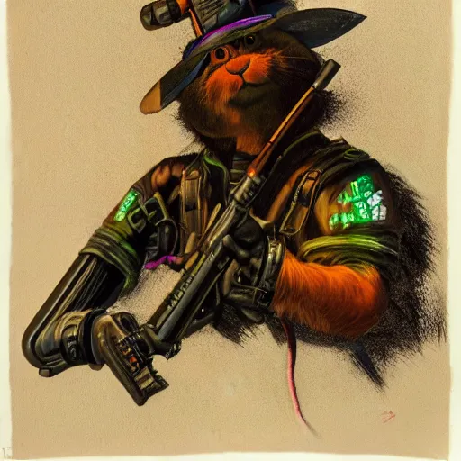 Image similar to portrait of rabbit with UV neon fur holding a machine gun , 8k, highly detailed, sharp, realistic, in style of Brom