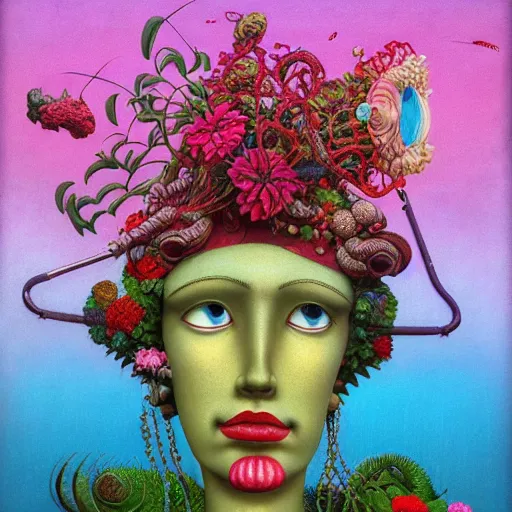 Image similar to Michael Hutter, award winning masterpiece with incredible details, Michael Hutter, a surreal vaporwave vaporwave vaporwave vaporwave vaporwave painting by Michael Hutter of an old pink mannequin head with flowers growing out, sinking underwater, highly detailed Michael Hutter