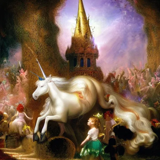 Image similar to The conceptual art features a pantomime unicorn onstage, surrounded by a group of children who are clapping and cheering. The unicorn is wearing a sparkly costume and has a long, flowing mane. Its horn is glittering and its eyes are wide open, as if it is enjoying the performance. by Thomas Moran flowing