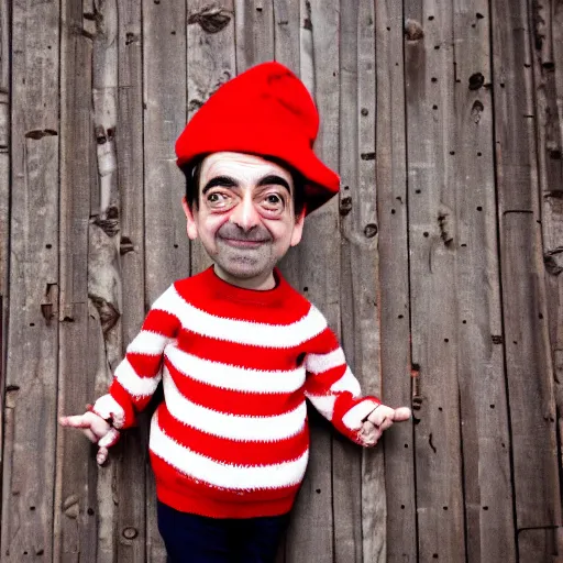 Image similar to a high quality photoshoot photograph of mr. bean as waldo from where's waldo