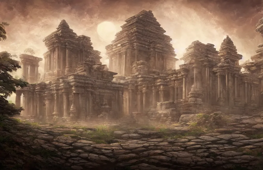 Image similar to a beautiful painting of a ancient temple on another world by sam spratt | wide angle | unreal engine :. 3