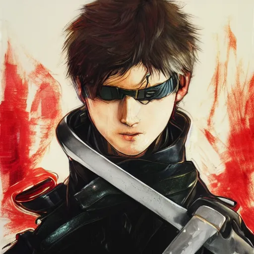 Image similar to portrait of a young white hero using his right arm to hold his sword covering his eye by yoji shinkawa, high quality, extra details, realism, ornate, colored, golden chain, blood, white skin, short hair, brown eyes, vivid, sunlight, headband, eyepatch, white american soldier, painting, proud, cybernetics, military