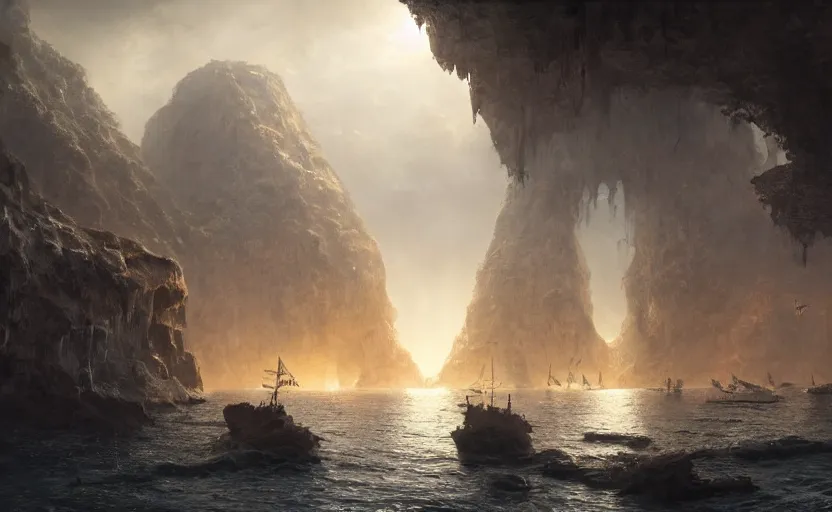 Image similar to A secret pirate town and harbor, in a cave. Underexposed, dark, centered. Atmospheric matte painting by Darek Zabrocki and Emmanuel Shiu, 4k ultra detailed, cinematic.