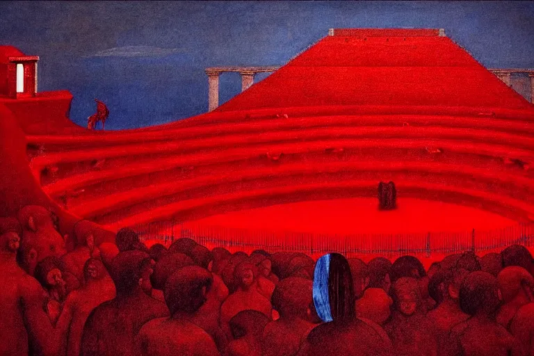 Image similar to only with red, a red great emperor, taormina amphitheatre, expressive crowd with big smile, in the style of beksinski, parts by edward hopper, parts by rodcenko, parts by yue minjun, intricate and epic composition, red by caravaggio, insanely quality, highly detailed, masterpiece, red light, artstation, 4 k