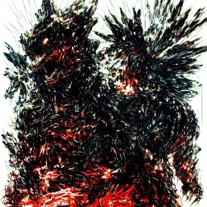 Image similar to godzilla _ painting, glowing lights by greg ruthowski yoshikata amano _ yoji _ shinkawa _ alphonse _ murac _ collaborative _ artwork _ beautifully _ drawn