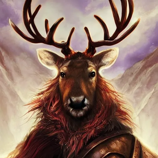 Image similar to Reindeer, Anthropomorphized, casting epic spell, magic the gathering artwork, D&D, fantasy, cinematic lighting, centered, symmetrical, highly detailed, digital painting, artstation, concept art, smooth, sharp focus, illustration, volumetric lighting, epic Composition, 8k, art by Akihiko Yoshida and Greg Rutkowski and Craig Mullins, heroic pose, oil painting, cgsociety, magic lab background