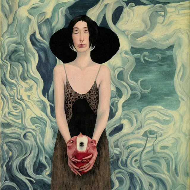 Image similar to tall female emo artist holding a pig's head in her flooded apartment, mushrooms, octopus, water gushing from ceiling, painting of flood waters inside an artist's apartment, a river flooding indoors, pomegranates, ikebana, zen, rapids, waterfall, black swans, canoe, berries, acrylic on canvas, surrealist, by magritte and monet