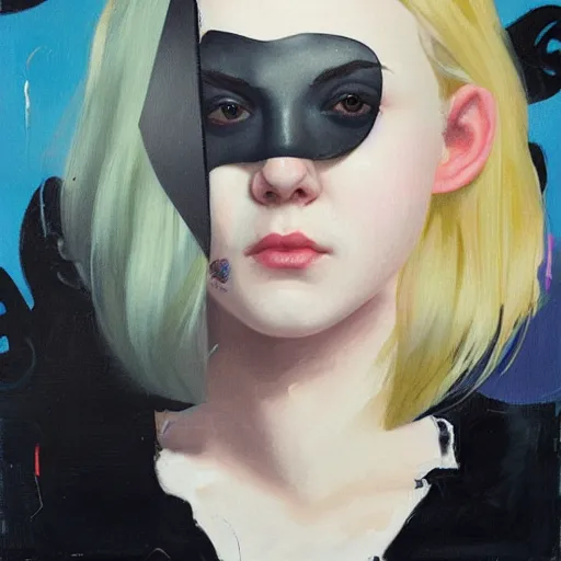 Image similar to Elle Fanning wearing an eyepatch lighting a cigarette picture by Sachin Teng, asymmetrical, dark vibes, Realistic Painting , Organic painting, Matte Painting, geometric shapes, hard edges, graffiti, street art:2 by Sachin Teng:4