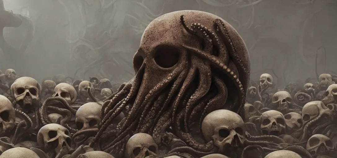 Prompt: an octopus in the shape of a skull surrounded by skulls at noon, foggy, cinematic shot, photo still from movie by denis villeneuve, wayne barlowe