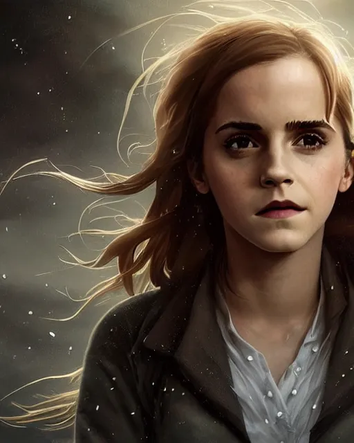 Image similar to Emma Watson as Hermione Granger, magnificent, medium shot, close up, details, sharp focus, elegant, highly detailed, illustration, by Jordan Grimmer and greg rutkowski and PiNe(パイネ) and 薯子Imoko and 香川悠作 and wlop and maya takamura, intricate, beautiful, Trending artstation, pixiv, digital Art