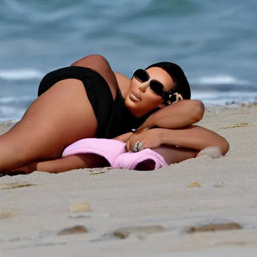 Prompt: kim kardashian lying and tanning on the beach during hot summer day