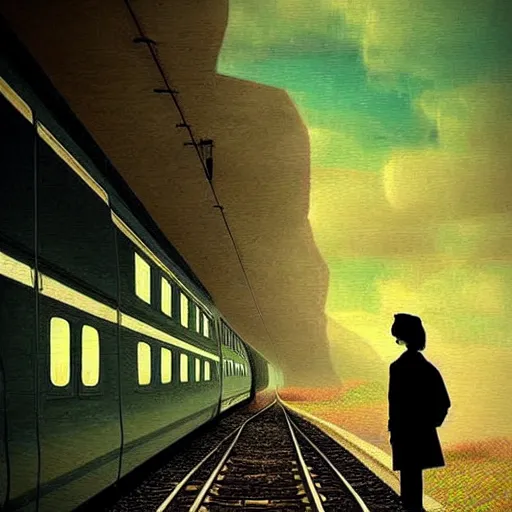 Prompt: lonely souls travelling on a train to nowhere impressive scene. grainy and rough. soft colour scheme. beautiful artistic detailed digital art