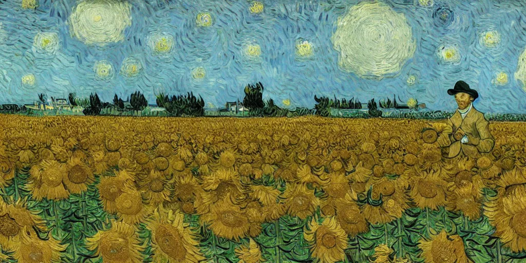 Image similar to an oil painting of van gogh is painting in a sunflower filed, by van gogh