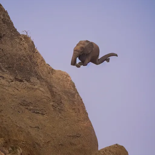 Prompt: award winning photo of jumping elephant falling jumping off of mountain cliff, golden ratio, rule of thirds, lighting