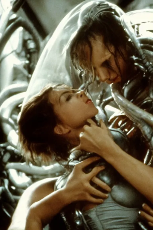 Prompt: film still of sofia vergara in the movie Alien, xenomorph holding sofia in a chokehold, sofia unconscious, cinematic shot, 4k.