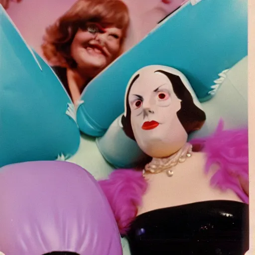 Image similar to 1976 glamorous middle aged woman wearing an inflatable toy head in a small village full of inflatable digestive organs, 1976 French film archival footage technicolor film expired film 16mm Fellini Doris Wishman new wave John Waters movie still