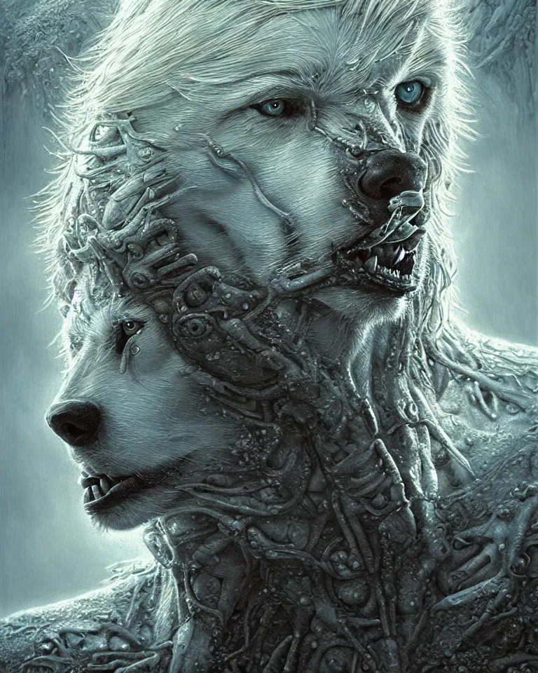 Image similar to ultra realist intricate detailed portrait of chris hemsworth turning into a white wolf in an alien landscape, insanity, accurate features, apocalyptic, very intricate details, 8 k resolution, dim lighting, volumetric lighting, artstyle, zdzisław beksinski and keith thompson, award winning