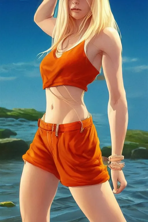 Image similar to a gorgeous woman with very long hip-length blonde hair, wearing a cut-off white top and orange cut-off shorts standing by the water, in the style of artgerm and moebius and annie liebovitz, marvel comics, photorealistic, highly detailed, trending on artstation