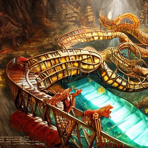 Prompt: wulingyuan waterpark china carved waterslides painting by brain froud, charles vess, cinematic lighting, epic composition, highly detailed