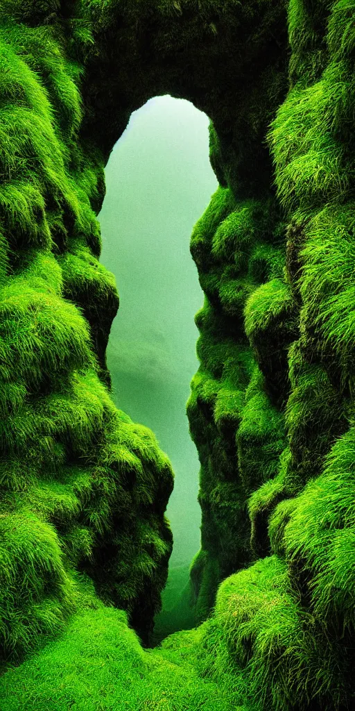 Image similar to dream looking through, a hyper realistic photograph fertile, lush mossy ferns canyon, ferns, minimalist structure, misty, raining, icelandic valley, in the style of reuben wu, roger deakins