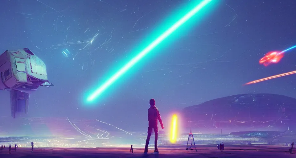 Image similar to GIANT suborbital laser satellite shooting a beam at the ground, neon, cinematic, rendered by Beeple, Makoto Shinkai, syd meade, simon stålenhag, star wars, inspired by Gundam, environment concept, digital art, unreal engine, 3 point perspective, WLOP, trending on artstation, low level, 4K UHD image, octane render,