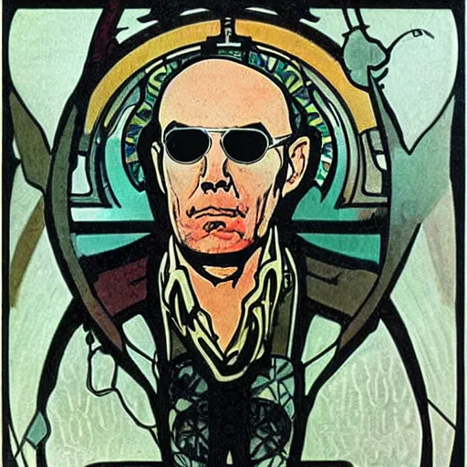 Prompt: hunter s thompson painting by mucha