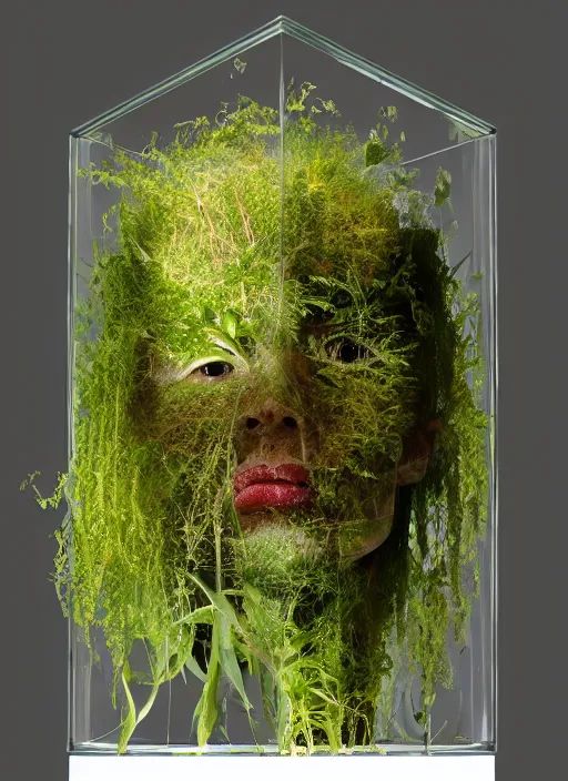Prompt: human head growing out of a plant in a glass box