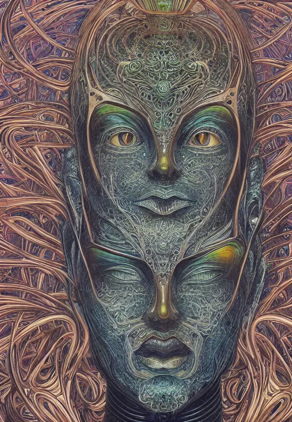 Image similar to perfectly centered portrait, front view of a beautiful biomechanical alien android robot buddha, female, flowing hair, intense stare, sarcastic smile, symmetrical, concept art, intricate detail, volumetric shadows and lighting, realistic oil painting by alex grey and gustave dore,