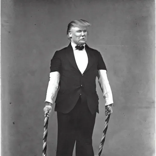 Image similar to donald trump as a circus strong man from 1920, black and white photo