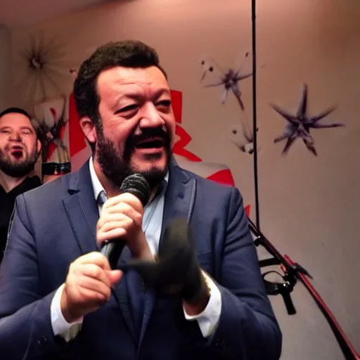Prompt: Matteo Salvini singing at the karaoke