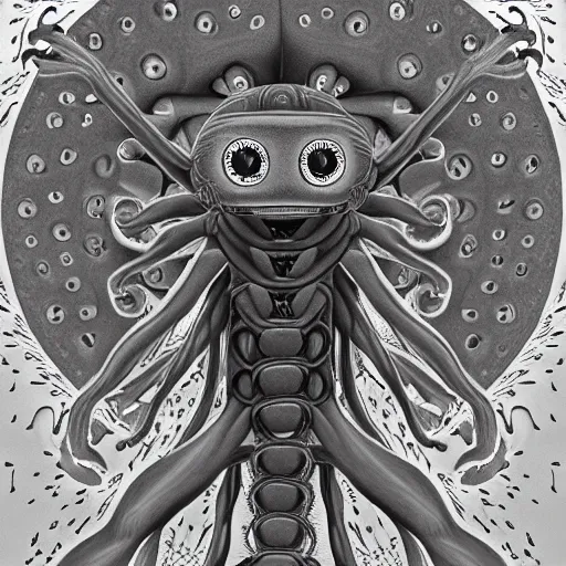 Image similar to photorealistic grey scale depiction of a being with 4 2 eyes 8 arms and 8 legs floating gloriously in the void of time