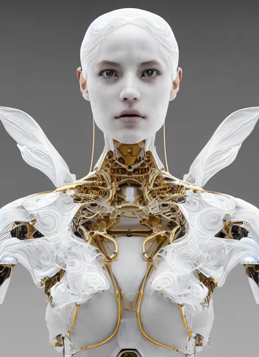 Image similar to a statue made of white marble with gold veins, of an beautiful gorgeous futuristic cybernetic angel girl, prostheses, transhumanism, full body shot, perfect symmetrical body, perfect symmetrical face, hyper realistic, hyper detailed, by johannen voss, by peter kemp, by monia merlo, by michelangelo, octane render, blender, 8 k