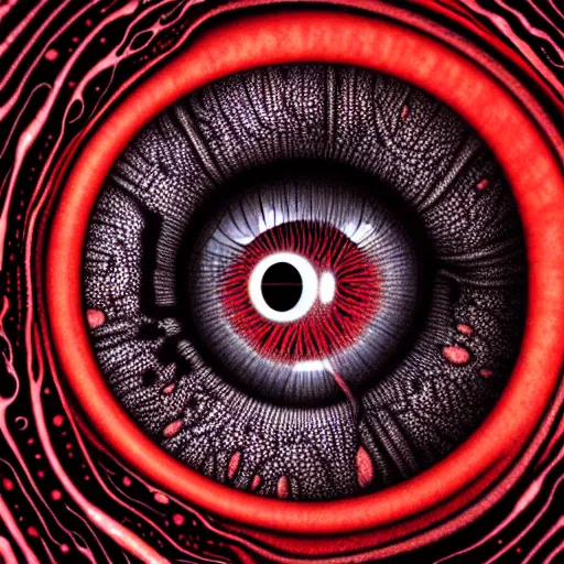 Image similar to a detailed extremely close up of inside the iris, cornea, red image, microscopic, extremely close up drawing by junji ito, cgsociety, generative art, lovecraftian, parallax, cosmic horror, extremely detailed, hyperrealism, unreal engine, octane render, award winning, masterpiece, highly detailed, realistic, 4 k, digital