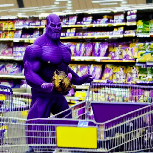 Prompt: thanos lookingg for his mom in a walmart, realistic, sharp focus