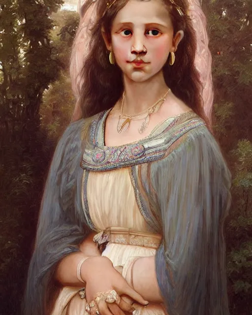 Prompt: a portrait painting of a shy, blushing 1 6 - year old alicia vikander or millie bobby brown as a princess with mouth open in awe, wearing tons of opal jewelry, intricate, elegant, highly detailed, artstation, concept art, by krenz cushart and donato giancola and william adolph bouguereau and alphonse mucha