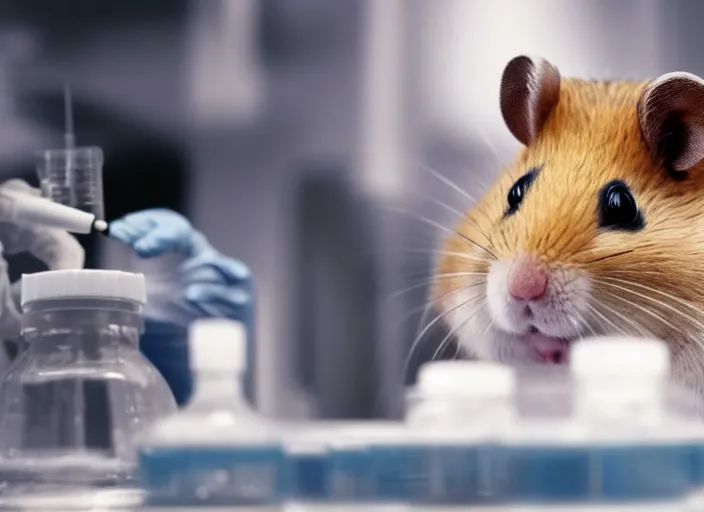 Image similar to film still of a hamster working in a research lab finding the cure for cancer, 8 k