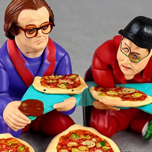 Prompt: tim and eric action figures eating pizza