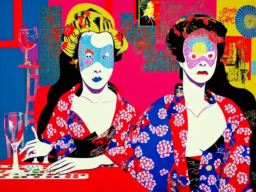 Prompt: hyperrealism composition of the detailed woman in a japanese kimono sitting at a poker table with slenderman, fireworks on the background, pop - art style, jacky tsai style, andy warhol style, acrylic on canvas