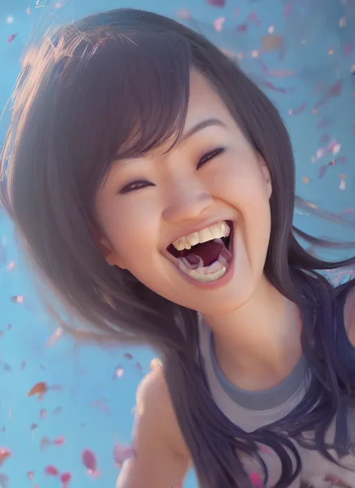 Prompt: a cute asian girl laughing, flowing hair, in the style of pixar animation, full body shot, viewed from bellow, award winning, hyper detailed, studio lighting, artstation, octane renderer, unreal engine