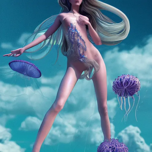 Prompt: Full body photo of the most beautiful goddess, she has a jellyfish head and a siren body, some tentacles are touching her, she flying to heaven through the cumulus clouds, by Tooth Wu, trending on Artstation, digital art, symmetrical artwork, cinematic, hyper realism, high detail, octane render, 4k, 8k