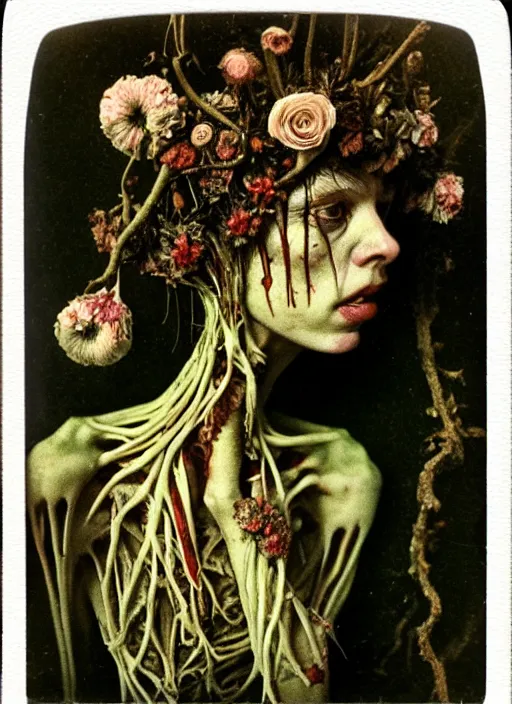 Prompt: beautiful and detailed rotten woman made of plants and many different types of flowers, muscles, intricate, organs, ornate, miguel angel, gustave courbet, caravaggio, romero ressendi 1 9 1 0 polaroid photo