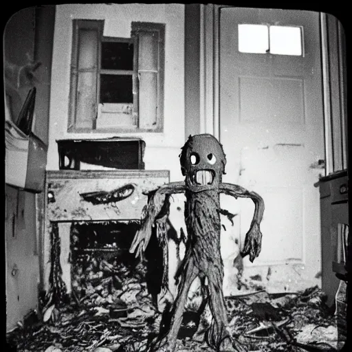 Prompt: monster 1 9 2 3, disposable camera, flash, old abandoned house creature, standing garbage, slime, wet,