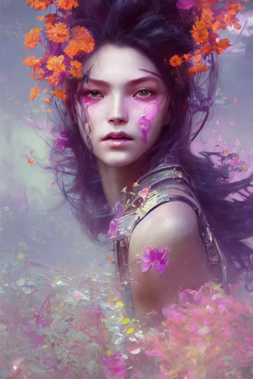 Prompt: face closeup of beautiful girl in intricate detailed color smoke, 3 d render, hyper realistic detailed portrait, holding magic flowers, ruan jia, wlop. scifi, fantasy, hyper detailed, octane render, concept art, by peter mohrbacher, by wlop, by ruan jia