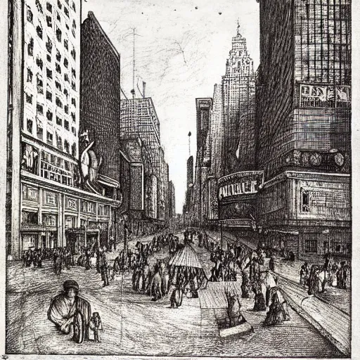 Prompt: intaglio by Albrecht Dürer of street scene in Times Square NYC, highly detailed, B&W