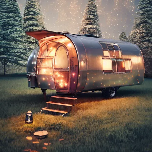 Prompt: treehouse made of a vintage airstream, fairy lights, fine art, cinematic lighting, hyperdetailed, photorealistic, high resolution, cozy!, award winning, featured in artstation, octane render