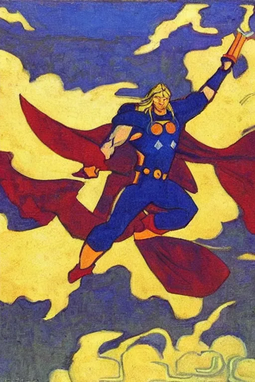 Image similar to thor, marvel, artwork by nicholas roerich,